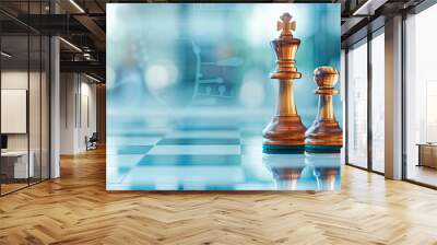 Glass chess pieces on a chessboard with a molecular structure background, representing strategic thinking in scientific research. Ideal for education, science, and technology sectors.  Wall mural