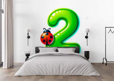 Number 2 with a ladybug, isolated on a white background. Ideal for children's educational content, birthdays, and nature-themed designs. Useful for businesses in education, event planning, and environ Wall mural