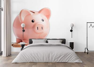 Pink piggy bank surrounded by scattered coins, isolated on a white background with a transparent background. Concept: saving money and financial planning. Suitable for finance, banking, and budgeting  Wall mural