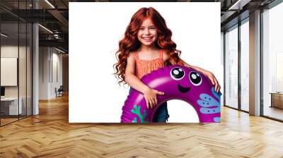 Radiant young girl with long red curls, holding a purple octopus float, in a lace tank top. Perfect for summer pool parties, vacation fun, and children's swim products. PNG, transparent background Wall mural