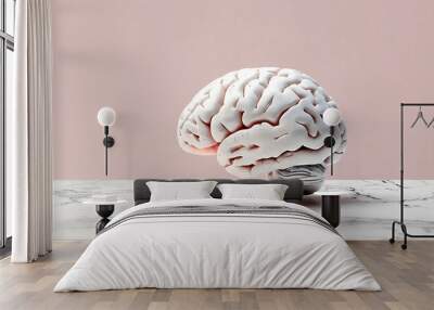 Realistic white marble brain model on a marble surface, pink background. Concept of intelligence, mental health, and brain science. Suitable for medical research, education, neuroscience marketing, Wall mural