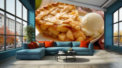 A freshly baked apple pie, with golden flaky crust and a sweet and tangy apple filling, topped with a scoop of vanilla ice cream. Wall mural