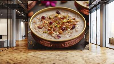 A traditional plate of sheer khurma, a sweet and creamy vermicelli pudding made with milk, dates, nuts, and fragrant spices, garnished with crushed almonds and pistachios. Wall mural