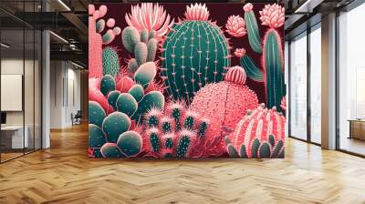 Cactuses and succulents background. Hand drawn vector illustration. Wall mural