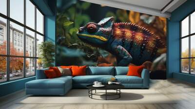 Chameleon in the forest. Wildlife scene with colorful chameleon. Wall mural