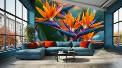 A close-up of exotic bird of paradise flowers, showcasing their striking colors and architectural shapes in vivid 4K HDR Wall mural