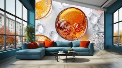 Indulge in the refreshing sparkle with an enticing 8K HD photograph featuring carbonated drinks against a pristine white backdrop, inviting you to savor the crispness and vitality in high resolution. Wall mural