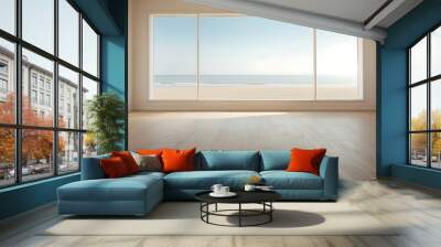 Empty room with sea view and wooden floor Wall mural