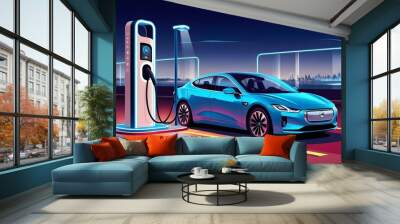 electric car plugged into a modern charging station Wall mural