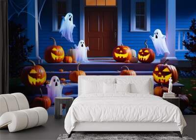 Halloween pumpkins and ghost decorations on blue backdrop Wall mural