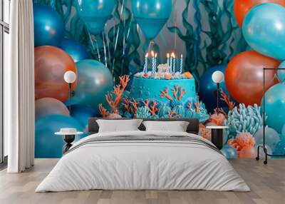 an underwater Atlantis palace-themed birthday bash with balloons in shades of ocean blue and coral, Wall mural