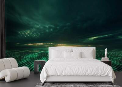 Digital horizon, a horizon line of intense green matrix code against dark sky Wall mural