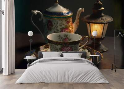 Cup of tea with teapot and lamp. 3d rendering Wall mural