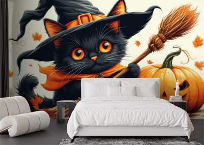 Cute black cat in a witch hat with a pumpkin for Halloween Wall mural