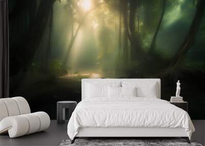 Deep forest waterfall with mist and light beam in the morning, Thailand Wall mural