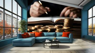 A person writing in a notebook with several stacks of gold coins on a table, set against a dark background, symbolizing financial planning or investment strategies. Wall mural