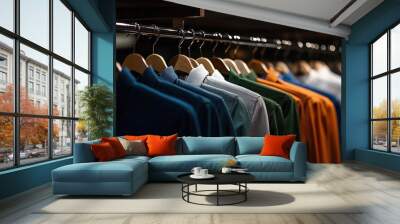 An organized rack of shirts in different shades and colors highlights the image, representing variety and the curated display of apparel in a modern retail environment. Wall mural