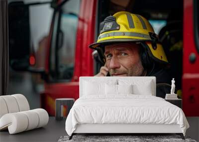 Focused firefighter wearing a helmet and communication headset speaks on a phone with a fire truck blurred in the background, depicting urgency Wall mural