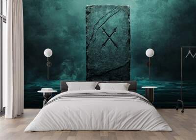 Mysterious Stone Standing in Water with Carved Symbol Wall mural