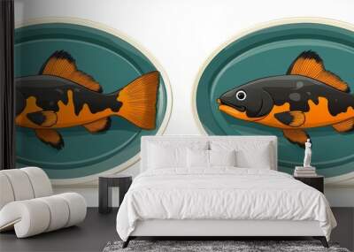 Two Orange and Black Fish on Plates with Blue Background Wall mural