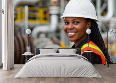 Environmental portrait of an Afro-Hispanic female engineer, smiling and looking at the camera, working in a large refinery. Photorealistic photograph taken with a wide angle lens. Wall mural