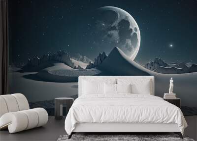 Fantasy landscape with mountains and moon in the night sky. 3D rendering Wall mural