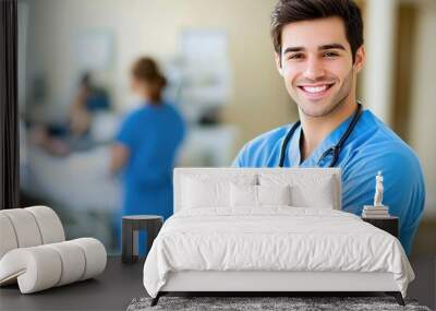 A confident male nurse smiles in a hospital environment, showcasing dedication and compassion in healthcare settings. Wall mural