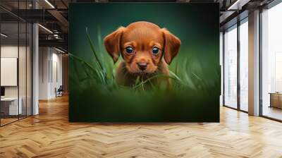 A cute brown puppy peeking through vibrant green grass, showcasing its curious eyes and playful nature in a serene outdoor setting. Wall mural