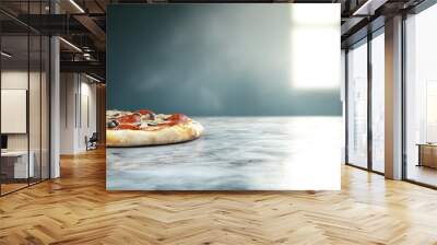 A delicious pizza on a marble countertop, illuminated by soft light, perfect for food lovers and culinary enthusiasts. Wall mural