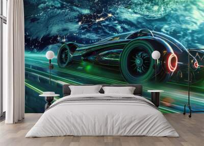 A detailed illustration of a futuristic vehicle powered by clean energy driving on a green earth Wall mural