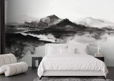 A minimalist black and white ink wash painting inspired by traditional East Asian art Wall mural