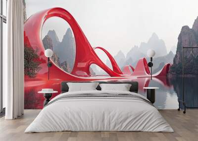 A stunning red sculpture bridge reflecting in calm water, surrounded by majestic mountains, creating a serene landscape. Wall mural