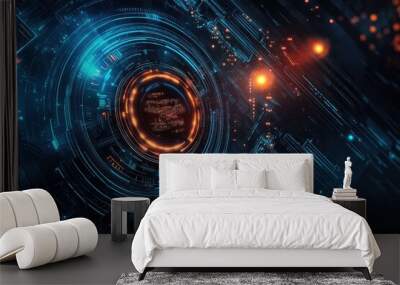 Abstract digital background with glowing lines and circular patterns, ideal for technology and futuristic themes. Wall mural