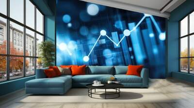 Abstract financial chart with glowing blue line graph and bokeh light effect, showcasing business growth, analysis, and data visualization. Wall mural