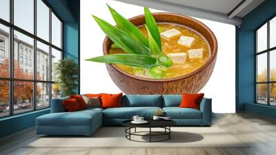 Bowl of miso soup with tofu and scallions isolated on white background Wall mural