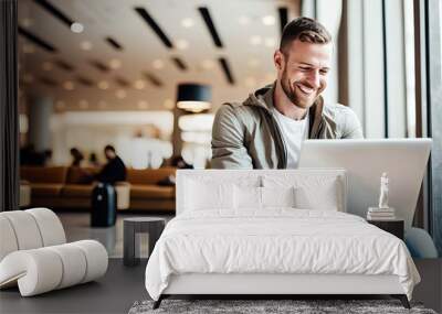 Cheerful and contented young Caucasian man sitting at desk and using laptop with a smile appears to be engaged and focused on his work. Generative AI Wall mural