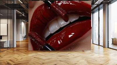 Close-up of glossy lipstick being applied in a beauty tutorial Wall mural