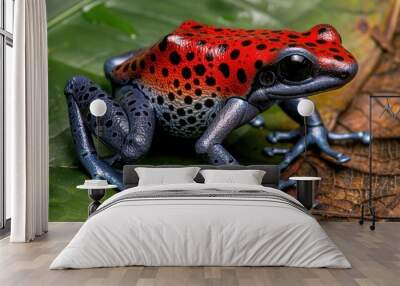 Close view of a colorful poison dart frog on a leaf Wall mural