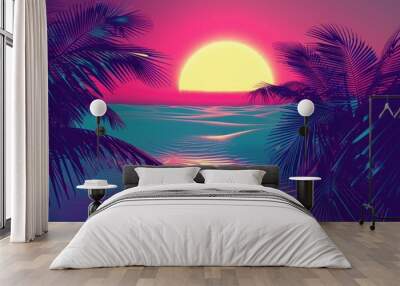 Desert oasis with palm trees and a colorful sunset background Wall mural