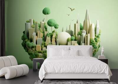 Eco friendly city concept in a beautiful paper cut style design. Green living and urban sustainability on Earth. Generative AI Wall mural