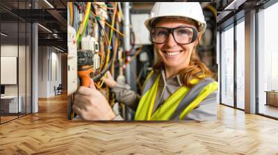 female electrician in safety gear, smiling with tools, industrial setting Wall mural