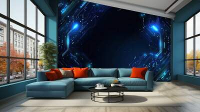 Futuristic blue circuit board with glowing lights, ideal for tech backgrounds, digital themes, and modern designs. Wall mural