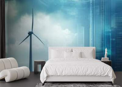 Futuristic cityscape with wind turbine, blending urban architecture and renewable energy under a dramatic sky. Wall mural