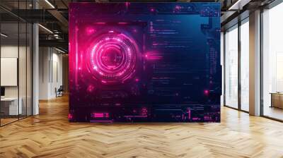 Futuristic glowing circuit board with vibrant pink and blue elements, perfect for technology and digital themes. Wall mural