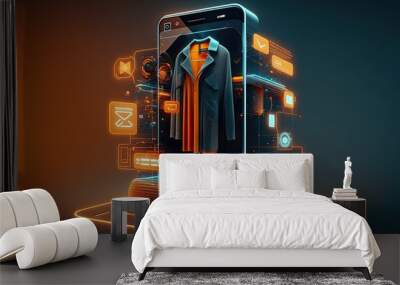 Futuristic online shopping technology digital payment from mobile phone. Generative AI Wall mural