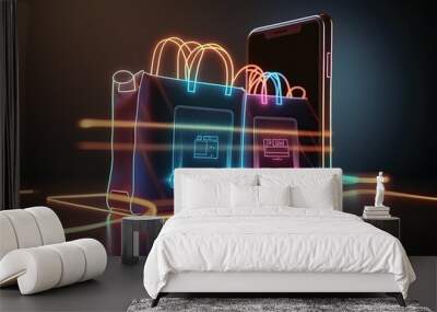 Futuristic online shopping technology digital payment from mobile phone. Generative AI Wall mural