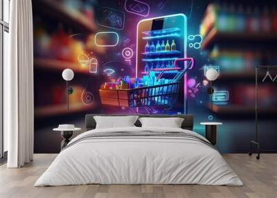 Futuristic online shopping technology digital payment from mobile phone. Generative AI Wall mural