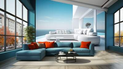 Interior of modern living room sofa or couch with beautiful sea view. Generative AI Wall mural