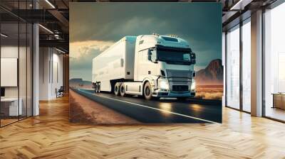 Logistic truck carrying goods on the road. Transportation, supply chain and shipping concept. Generative AI Wall mural