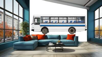 Side view of a white bus with blue stripes and multiple windows, isolated on a white background. Wall mural